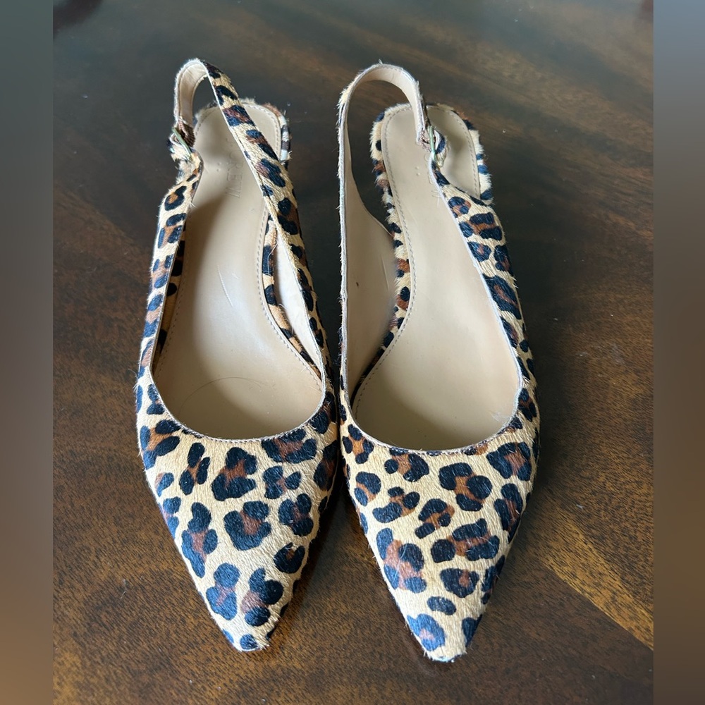 J. Crew Leopard Print Pointed Slingback Kitten Hells - Tan/Black; Size 9